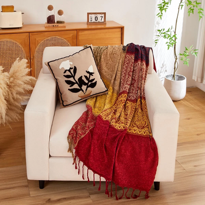 Bahar Red Chenille Blanket Tassel Sofa Cover