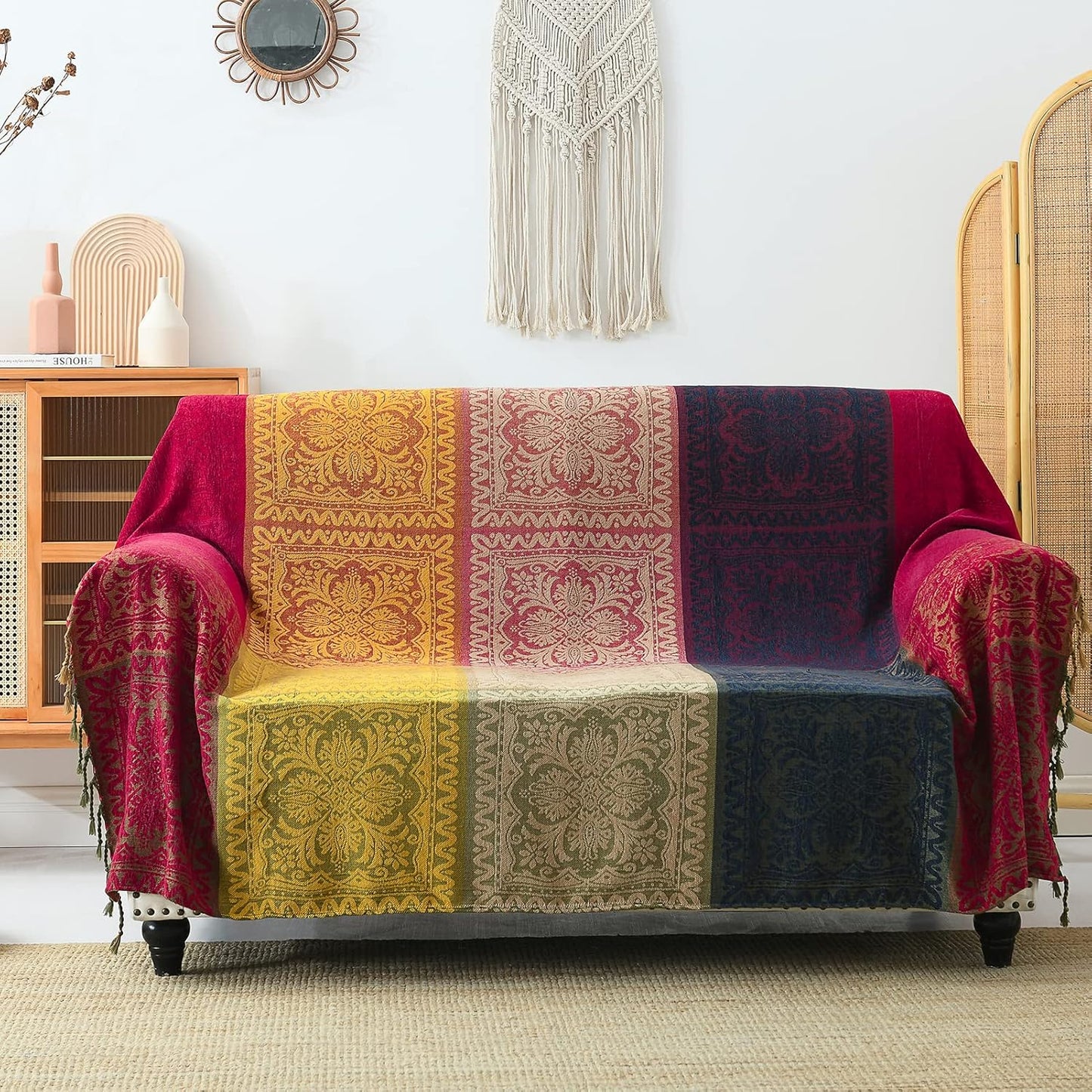 Bahar Red Chenille Blanket Tassel Sofa Cover